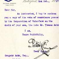 Letter from Patrick Higgins, Waterford Town Clerk, to Gregory Ashe, 3 October 1917