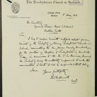 Letter from Thomas M. Hamill to the secretary, General Prisons Board, 3 May 1916