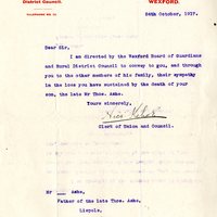 Letter from Nicholas Kehoe, Clerk of the Union and Rural District Council Wexford, to Gregory Ashe, 24 October 1917 