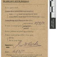 WW1 Field Regulation postcard from George D. Roche to Nancy and Eily McCarthy, 17 September 1916