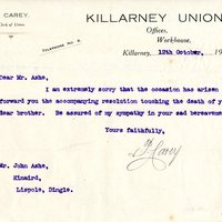 Letter from P. Carey, Clerk of Killarney Union, to John Ashe, 12 October 1917 