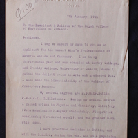 Letter from John Speares to the President and Fellows of the Royal College of Physicians of Ireland, 7 January 1921