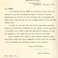 Letter from Joseph Gubbins, Clerk Tipperary Union,  to Nora Ashe, 19 October 1917
