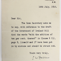 Letter from S.W. Harris to Edward Carson, 14 July 1916