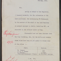 Letter from Raymond Smyth to Under Secretary&#039;s Office, 9 May 1916