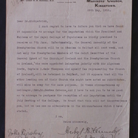 Letter from Herbert Brownlow Kennedy, Honorary Secretary, The Rectory, Mariners&#039; Church, Kingstown to Thomas Kirkpatrick, 29 May 1918