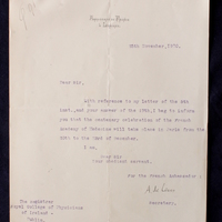 Letter from Secretary to the French Ambassador in London to Thomas Kirkpatrick, 25 November 1920