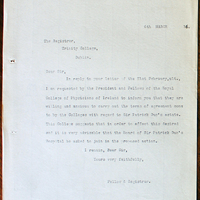 Letter from the Fellow and Registrar, Royal College of Physicians of Ireland to the Registrar of Trinity College Dublin, 6 March 1916