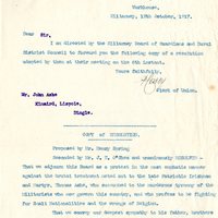 Letter from P. Carey , Clerk of the Killarney Union, to John Ashe, 12 October 1917