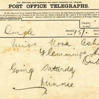 Telegram from Minnie Ashe to Nora Ashe, 1917