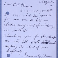 Letter from James O&#039; Dwyer to Art Ó Briain, 31 August 1916