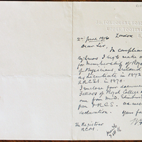 Letter from Robert Frazer to the Registrar, Royal College of Physicians of Ireland, 2 June 1916