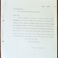 Letter from the Fellow and Registrar, Royal College of Physicians of Ireland to the Registrar of Sir Patrick Dun&#039;s Hospital, 20 March 1916