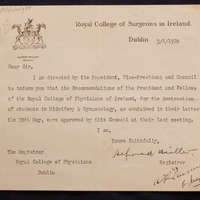 Letter from Alfred Miller, Registrar Royal College of Surgeons of Ireland, to Thomas Kirkpatrick, 3 July 1920