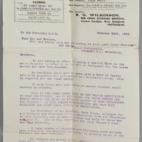 Letter from R. G. Wilkinson to the Secretary of the Loyal Order Lodge, 24 October 1916