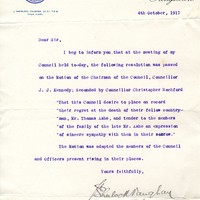 Letter from J. Sherlock Vaughan, Town Clerk Kingstown, to Gregory Ashe, 4 October 2017 