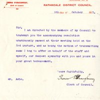 Letter from Thomas O'Shaughnessy, Clerk of Council, Rathkeale RDC to Gregory Ashe, 5 October 1917 