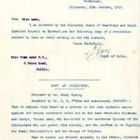 Letter from P. Carey, Clerk Killarney Union, to Nora Ashe, 12 October 1917 