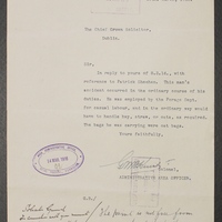 Letter from the Chief Administrative Officer, Royal Hospital Dublin to the Chief Crown Solicitor, Dublin Castle, 10 March 1916.