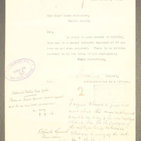 Letter from the Administrative Area Officer, Royal Hospital Dublin to the Chief Crown Solicitor, Dublin Castle, 26 February 1916.