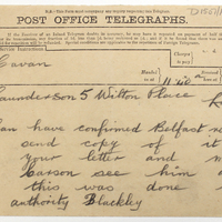 Telegram from Travers R. Blackley to Somerset Francis Saunderson, 14 July 1916