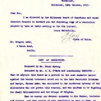 Letter from P. Carey, Clerk to Killarney Union,  to Gregory Ashe, 12 October 1917 