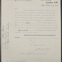 Letter from J. Simpson, for the Assistant Financial Secretary in the War Office, London to the Chief Crown Solicitor, Dublin Castle, 22 February 1916