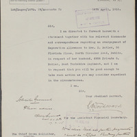 Letter from C.A. Woudword to A. P. Lynch, Assistant Chief Crown Solicitor, 14 April 1916.