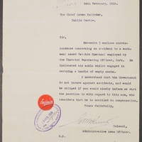 Letter from the Area Administrative Officer to Malachy J. Kelly, 24 February 1916