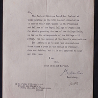 Letter from Joseph E. Devlin, Secretary Central Midwives Board for Ireland, to Thomas Kirkpatrick, 17 February 1919