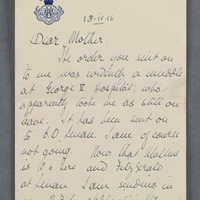 Letter from Charles Wyndham Wynne to his mother, Alice Katherine Wynne, 18 April 1916	