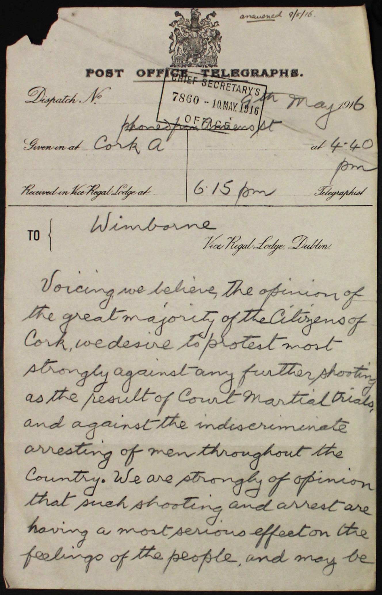 Copy of telegraph from citizens of Cork to Lord Wimborne, 9 May 1916 (National Archives of Ireland)