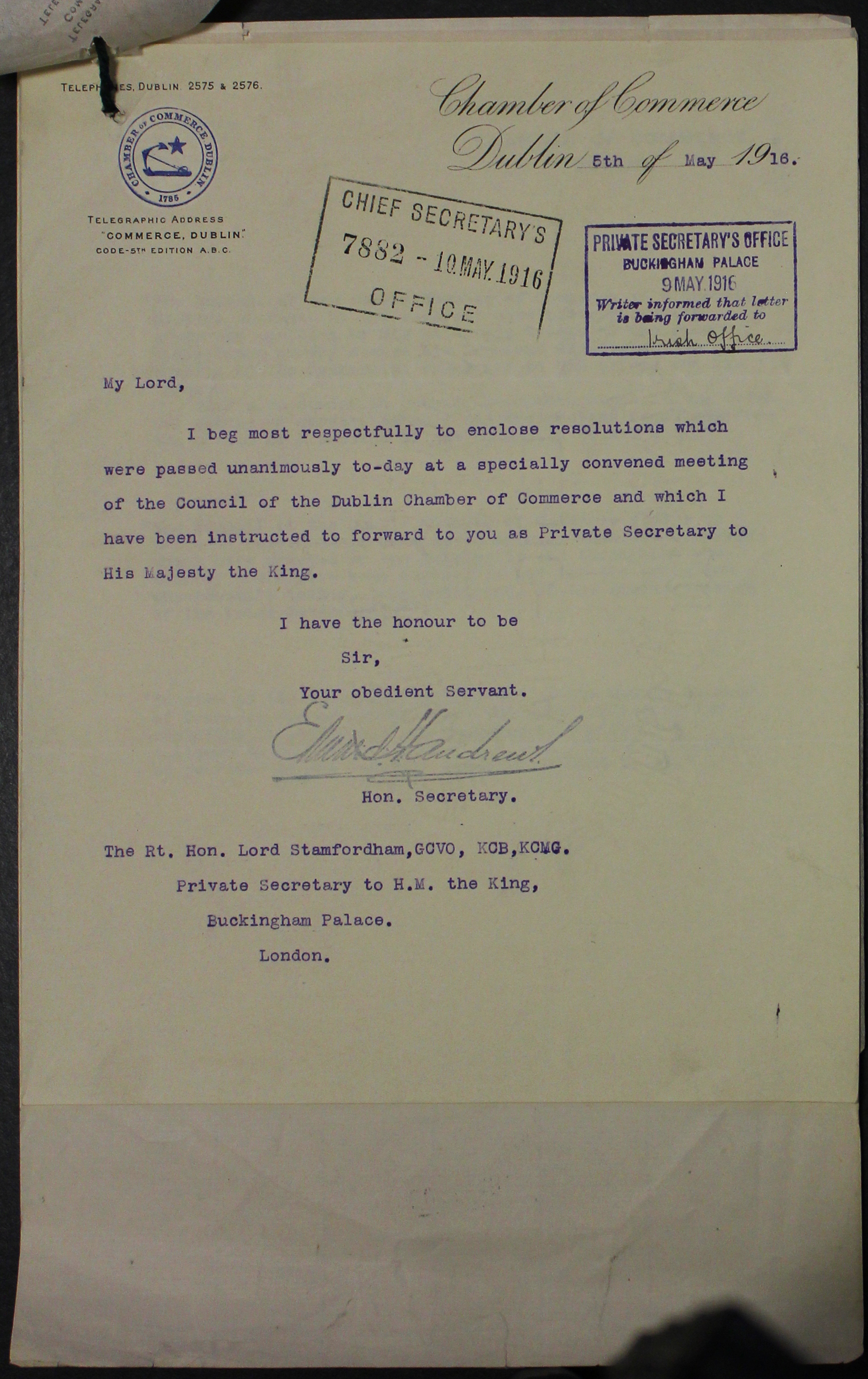 Letter from Edward H. Andrews to Lord Stamfordham, 5 May 1916 (National Archives of Ireland)