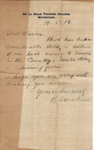 Letter from Brother Ignatius of De La Salle Training College in Waterford to Martin Kennedy in New York, 19 May 1916