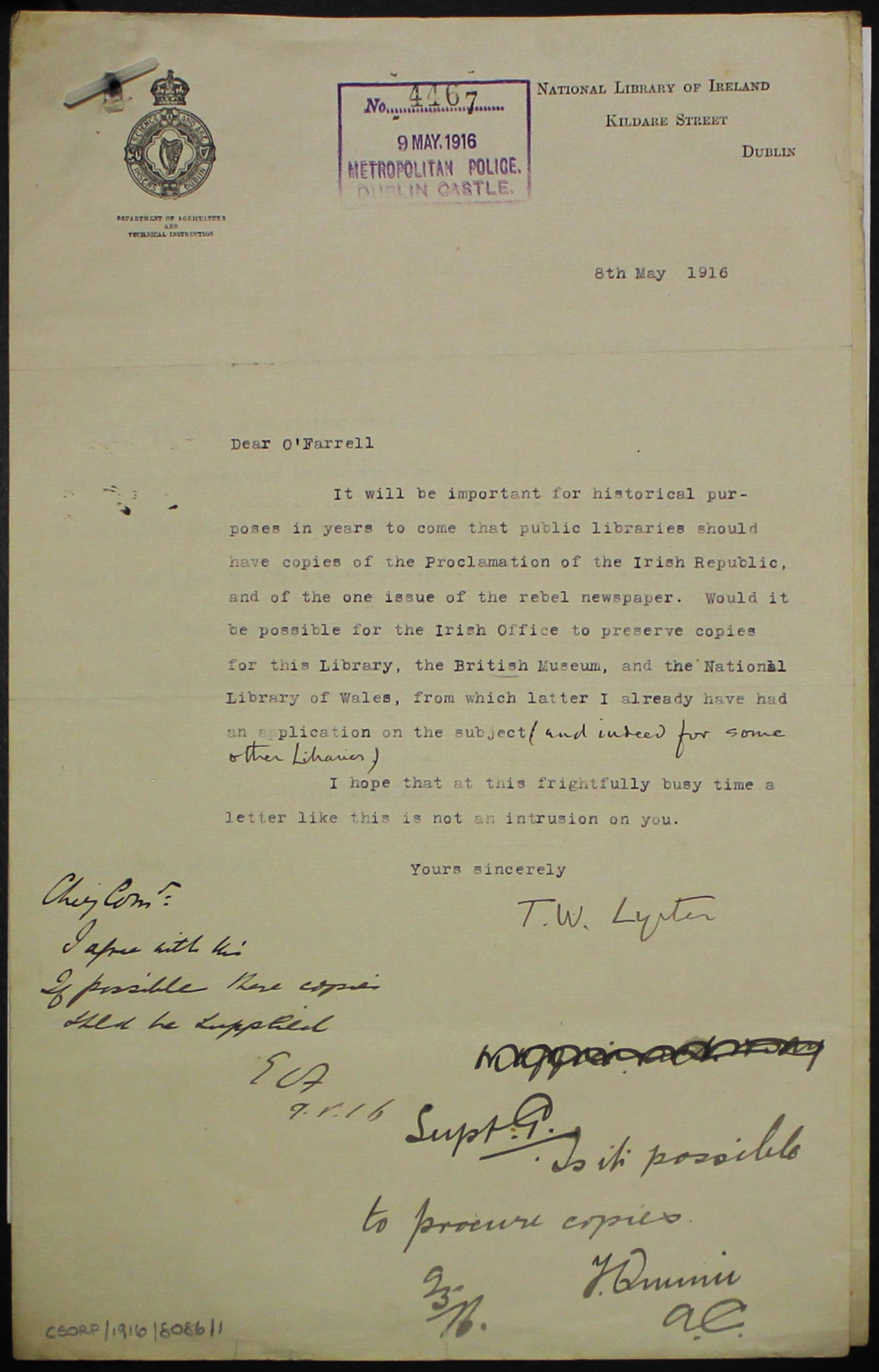 Letter from Thomas William Lyster to Edward O'Farrell, 8 May 1916 (National Archives of Ireland)