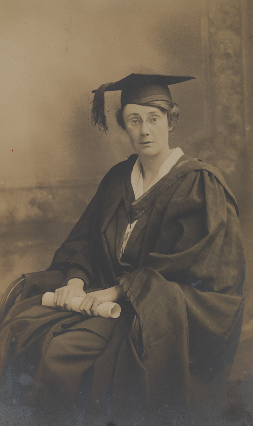 Photograph of Dorothy Stopford, graduating as a Bachelor of Medicine, Trinity College Dublin. 1921. TCD MS 7534/5