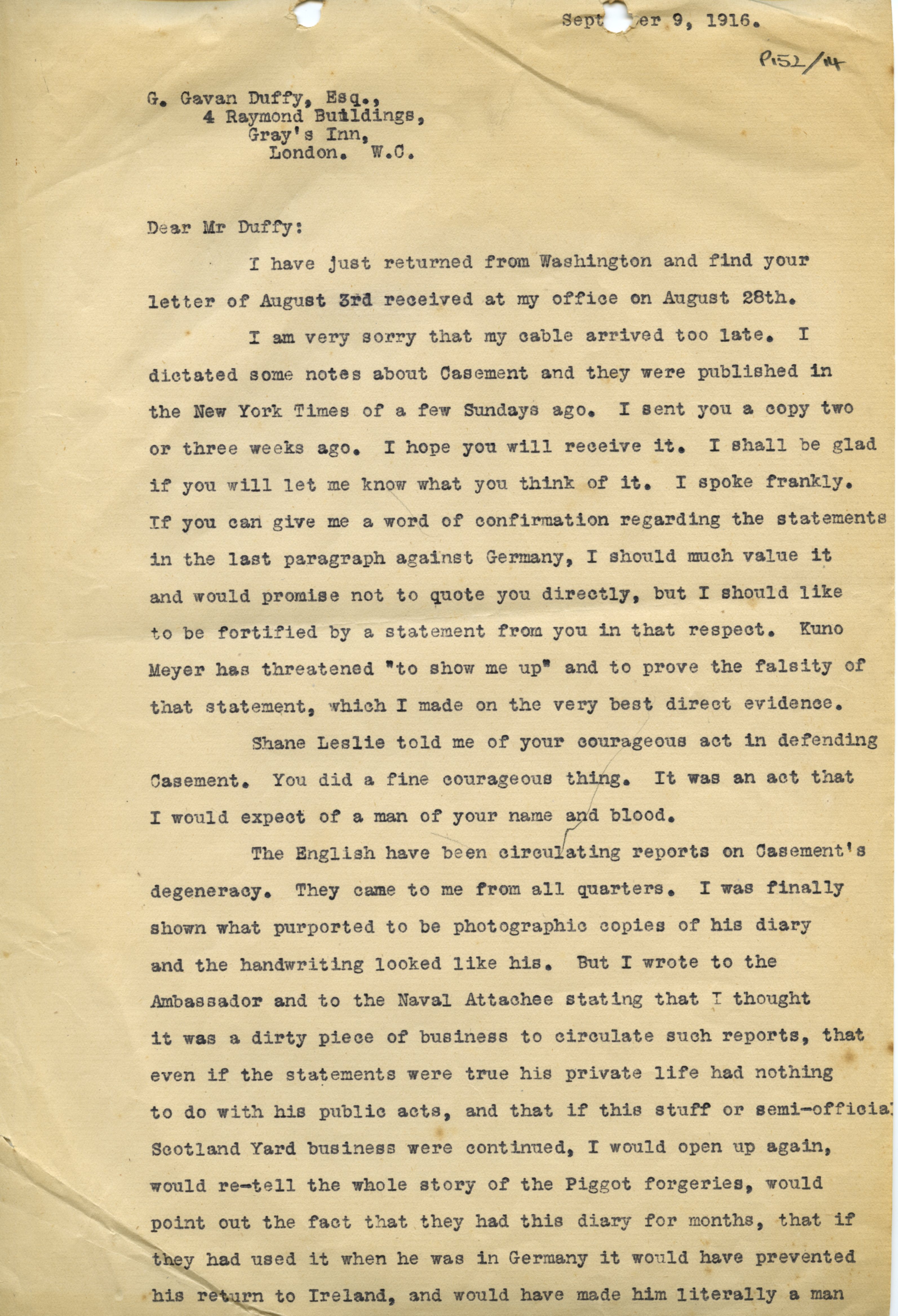 Letter from John Quinn to George Gavan Duffy, 9 September 1916 (University College Dublin Archives)