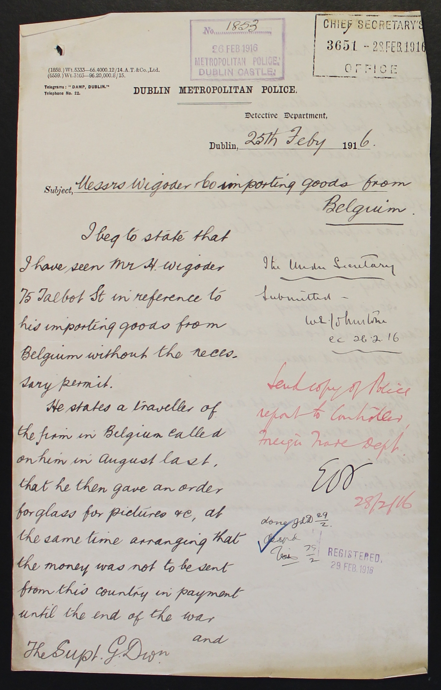 Dublin police report on the illegal importation of glass from Belgium by a Mr. H. Wigoder in Feb. 1916 | Image: National Archives of Ireland