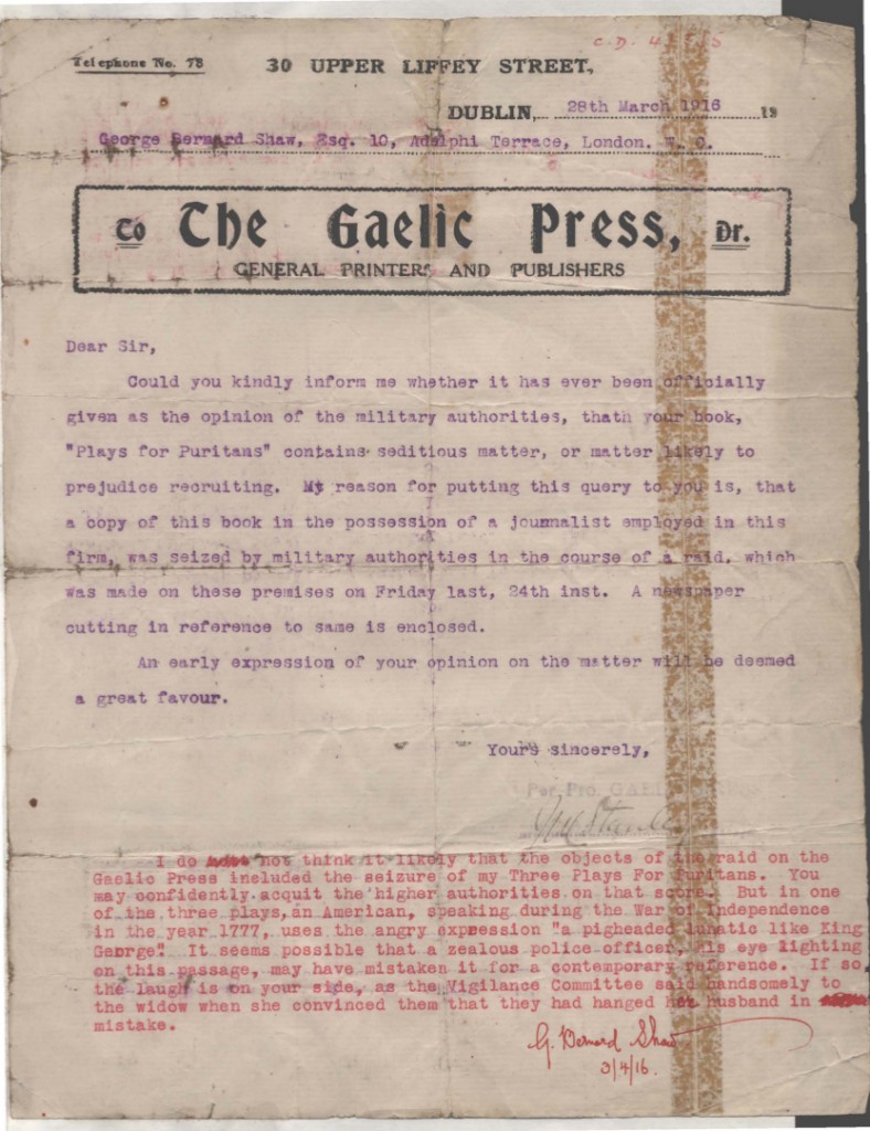 Letter from Joseph Michael Stanley to George Bernard Shaw, 28 March 1916 | Image: Military Archives of Ireland