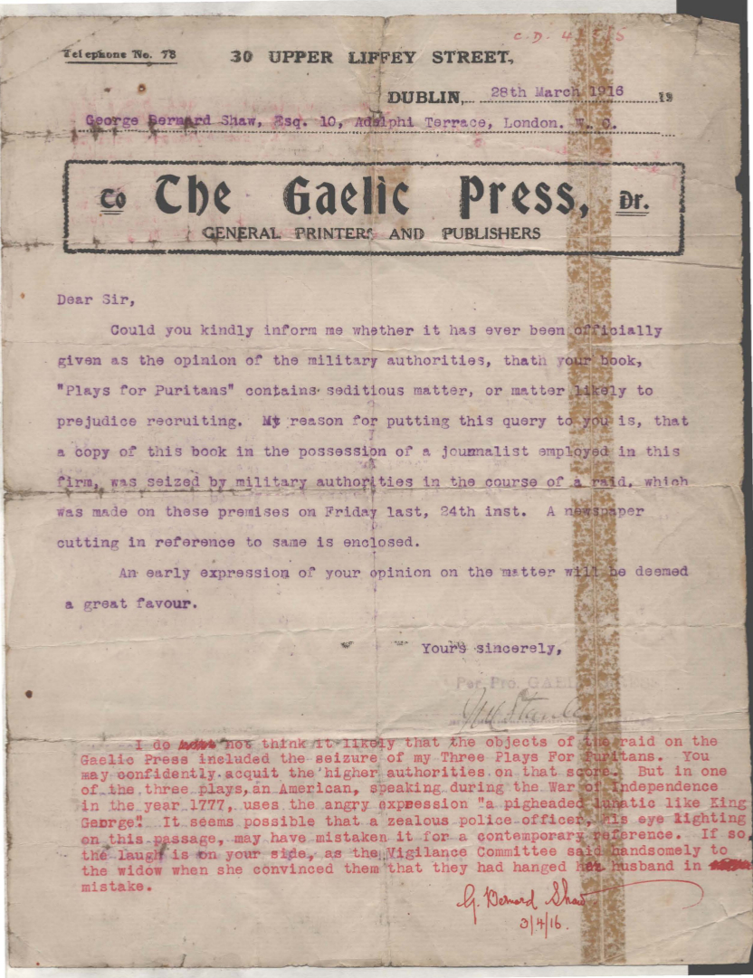 Letter from Joseph Michael Stanley to George Bernard Shaw, 28 March 1916 | Image: Military Archives of Ireland