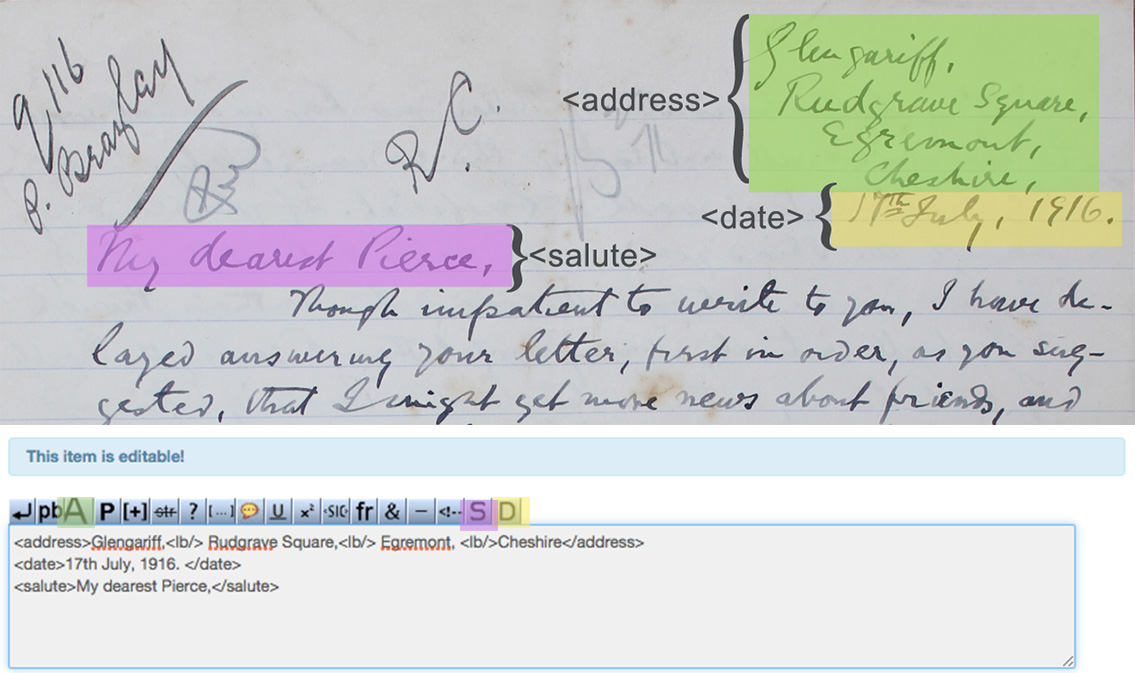 Fig. 3 Sample of the use the <address, , and elements in The Letters 1916 transcription form