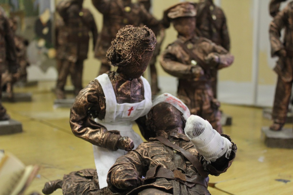 Nurse Elizabeth O’Farrell and a wounded James Connolly in a scene from the figure sculpture of Walter Paget’s Birth of the Republic.