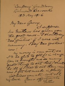 Letter from George Noble Plunkett to Geraldine Plunkett Dillon, 18 May 1916 (Bureau of Military History Contemporary Documents, Geraldine Plunkett Dillon Collection; BMH CD/5/8/6)